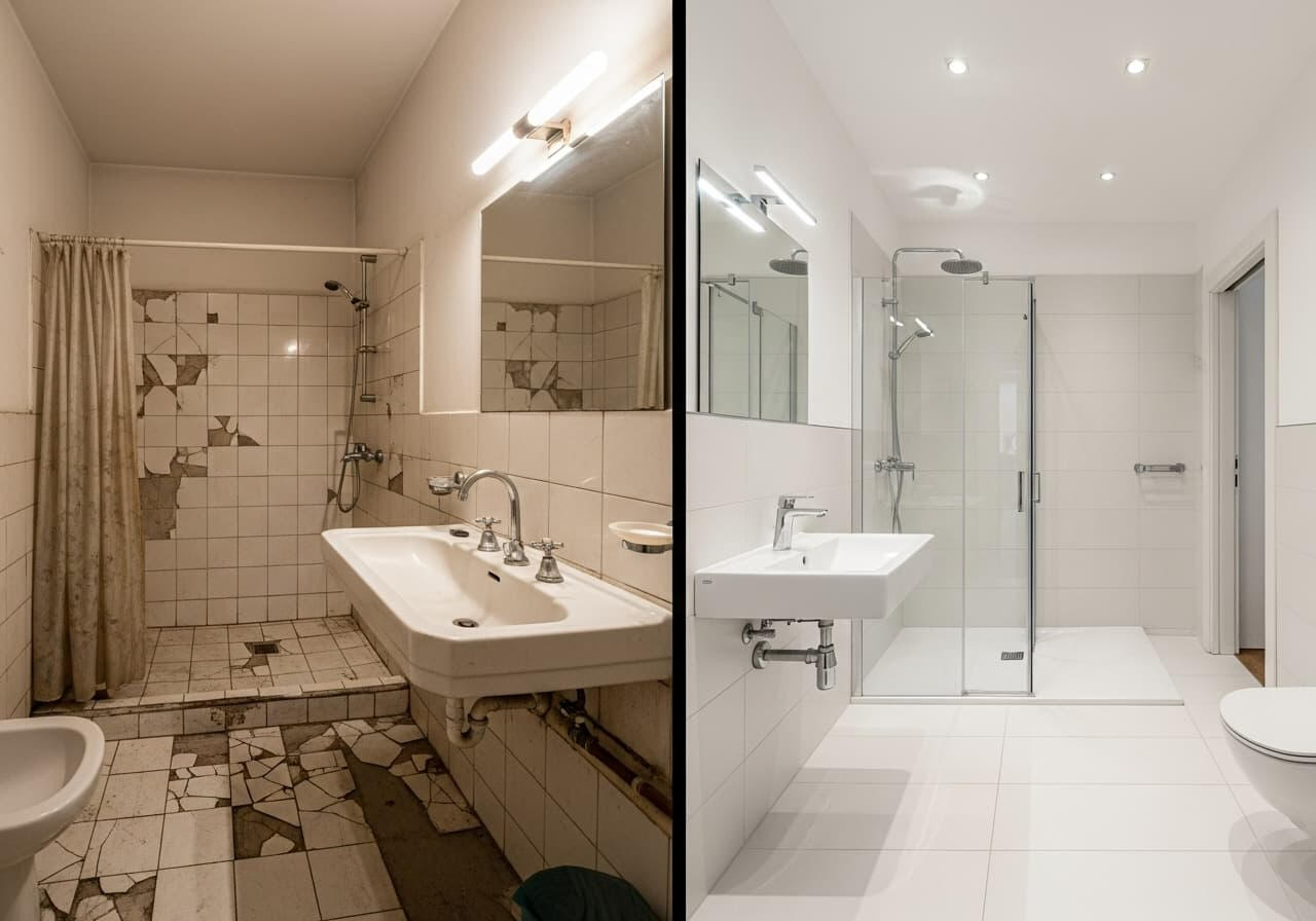 Bursa’da banyo yenileme projesi; önce kırık fayanslı, eski lavabo ve kararmış duvarlar, sonra parlak fayanslı, cam duş ve modern lavabo ile yenilenmiş banyo.