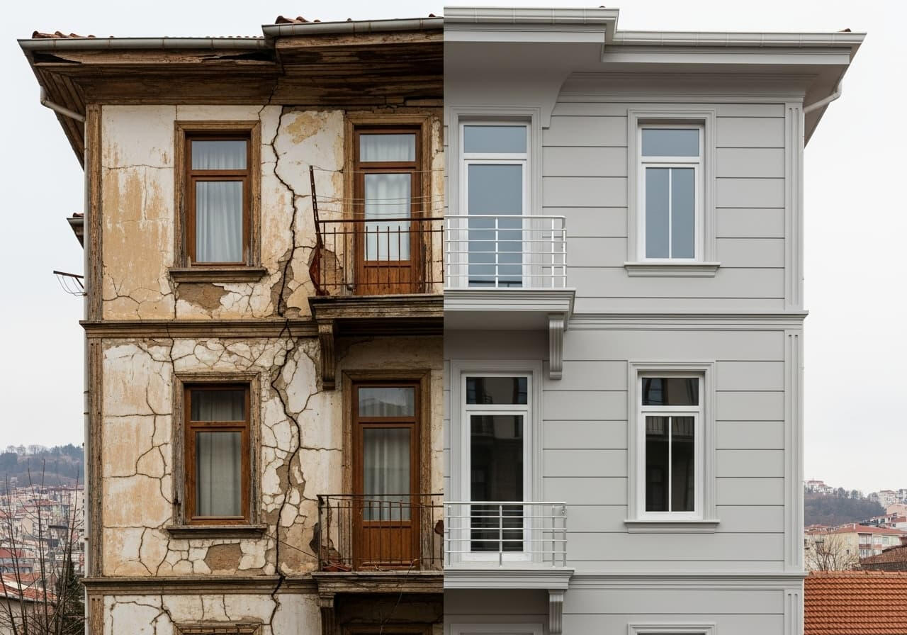 Bursa’da dış cephe mantolama projesi; önce yıpranmış apartman cephesi, sonra yalıtımlı, modern boyalı ve düzenli dış cephe görünümü.