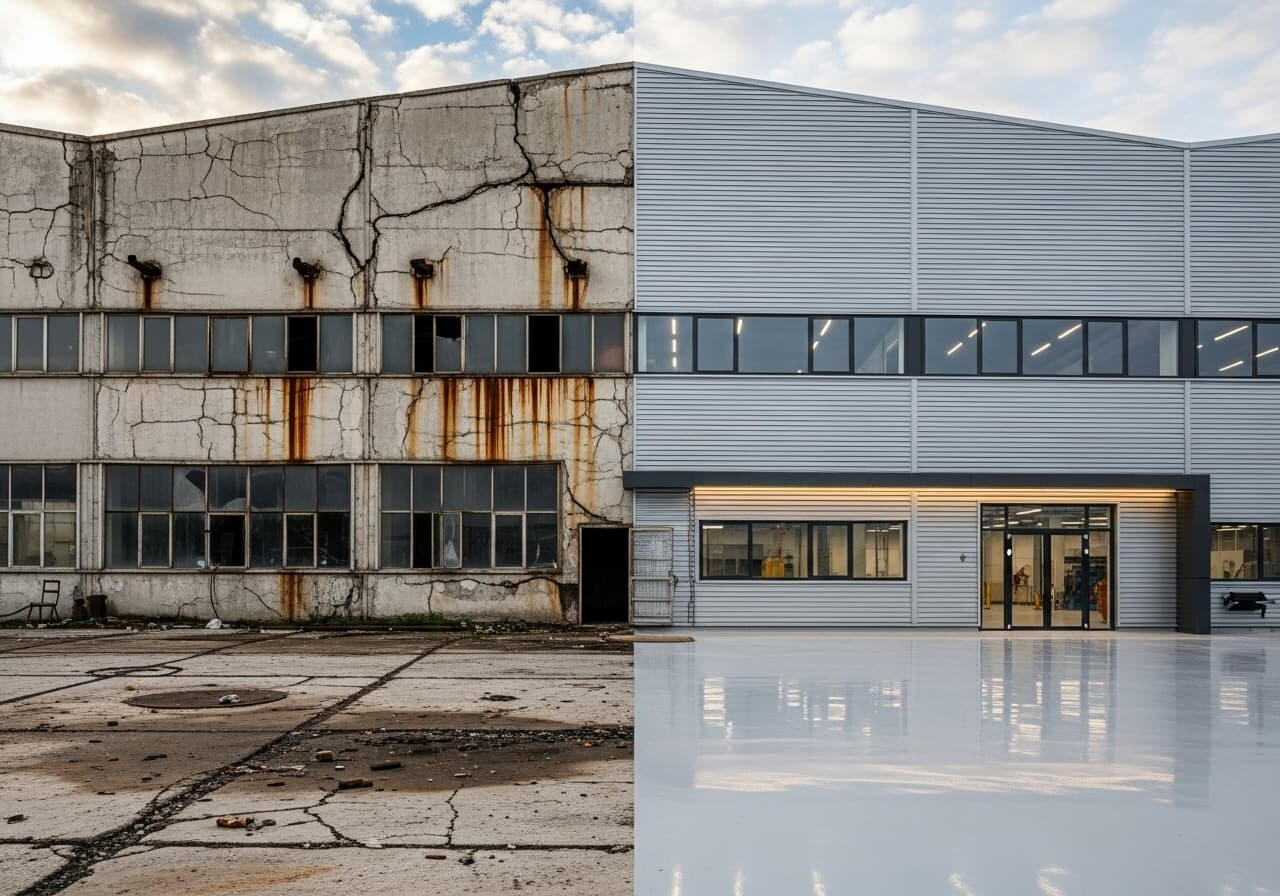 Bursa’da fabrika tadilatı; önce çatlak cephe ve kirli zemin, sonra epoksi kaplama ve modern cephe ile yenilenmiş fabrika binası.