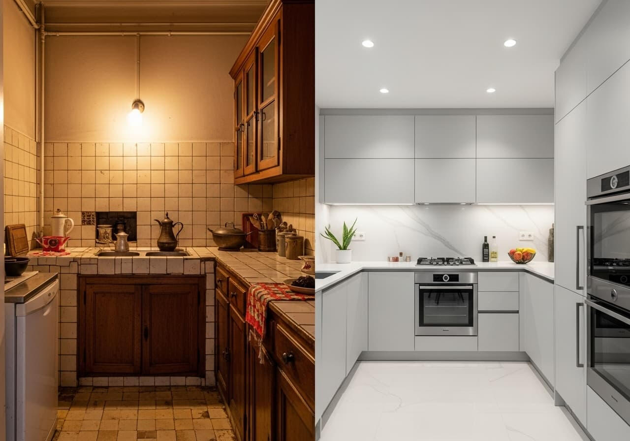 Bursa’da mutfak yenileme projesi; önce küçük ve eski mutfak, sonra modern dolaplar, parlak yüzeyler ve ferah bir mutfak.