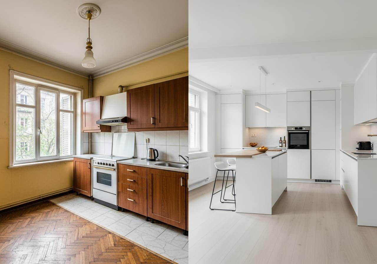 Bursa’da apartman dairesi anahtar teslim yenileme projesi; önce eski ve yıpranmış odalar, sonra açık plan, aydınlık ve modern tasarım.