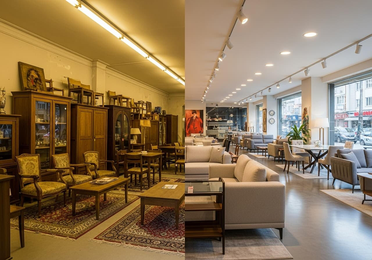 Bursa’da mobilya mağazası iç mekan tasarımı; önce karanlık ve dağınık mağaza, sonra ferah, aydınlık ve düzenli sergi alanı.